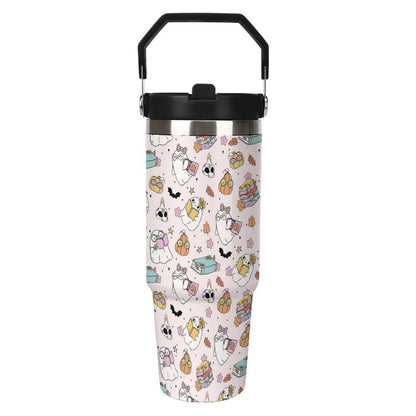 TOUNHEYA Halloween Tumbler with Handle Flip Straw Pink 30oz Insulated Stainless Steel Cup Ghost Reading Book Travel Coffee Mug Water Bottle for Women