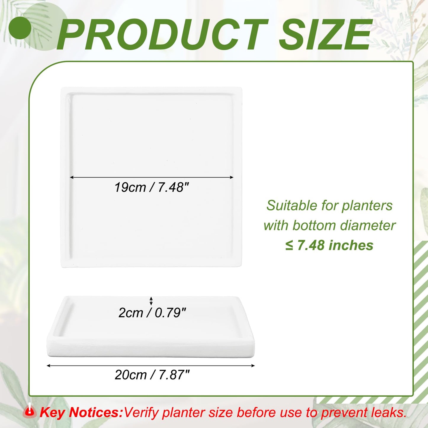 YELARXI 7.5 Inch Ceramic Plant Saucers, Square Flower Planter Water Trays Ceramic Plant Saucer Pot Tray -Fitting for (Outdoor/Indoors/Garden/Planting/Water/Flower/Coffee) White