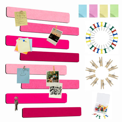 Vuzvuv 8 pcs Bulletin Board Bar Strips with 50 Pushpins & 10 Wooden Clip pins，Self Adhesive Cork Board for Wall，Felt Pin Board for School，Office Decor(Multi-Pink)