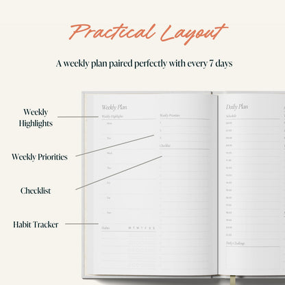 Yop & Tom Undated Daily Planner - Productivity Planner - Weekly and Daily Organizer with Time Slots - Purple & Orange