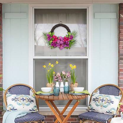 Briful Tropical Floral Wreath for Front Door, 19.6" Artificial Pink & Purple Hibiscus Flower Wreath with Palm Leaves, Summer Spring Wreaths for Wall Mantle Window Home Porch Decor