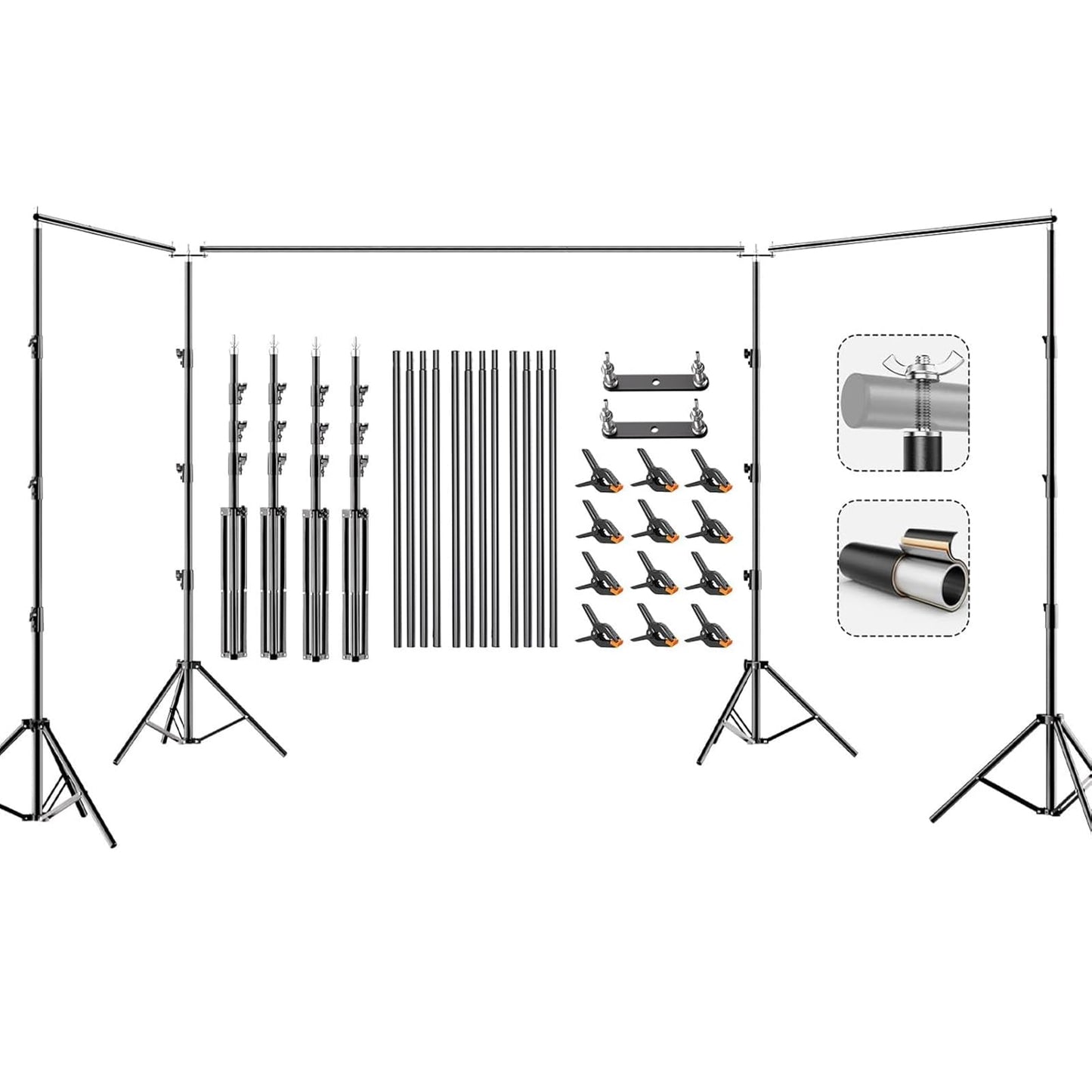 BEIYANG 10x30FT Photo Backdrop Stand, Angle Adjustable Triple Crossbar Extender Mount, Photography Background Support System, with Sand Bags,12 PCS Clamps for Wedding Party Celebration