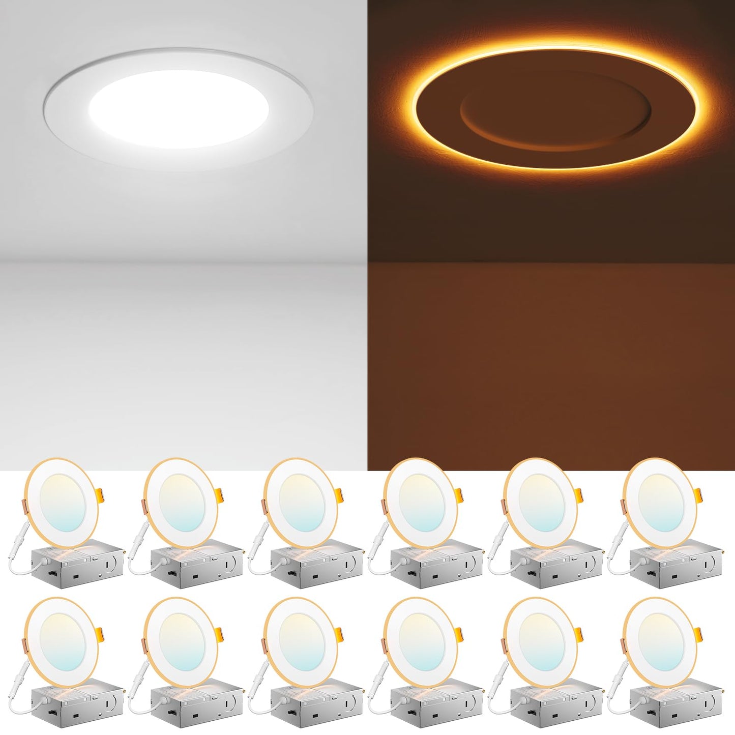Amico 12 Pack 6 Inch 5CCT LED Recessed Ceiling Light with Night Light, 2700K/3000K/3500K/4000K/5000K Selectable Ultra-Thin Lighting, 12W=110W, 1100LM, Dimmable Canless Wafer Downlight ETL&FCC