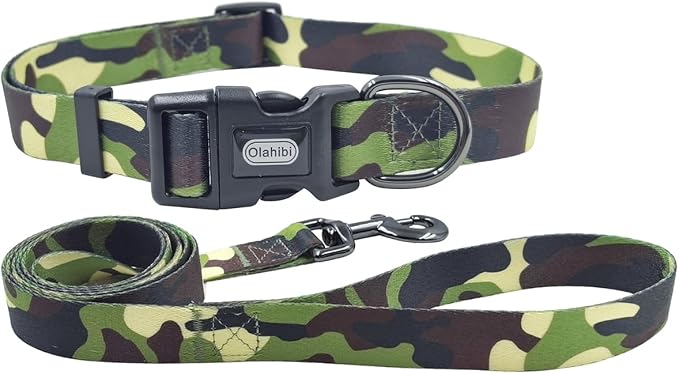 Dog Collar Leash Set, Camouflage Pattern, Polyester Material, Adjustable Collar and 5ft Matching Leash, for Large Dogs.(L, Camo)