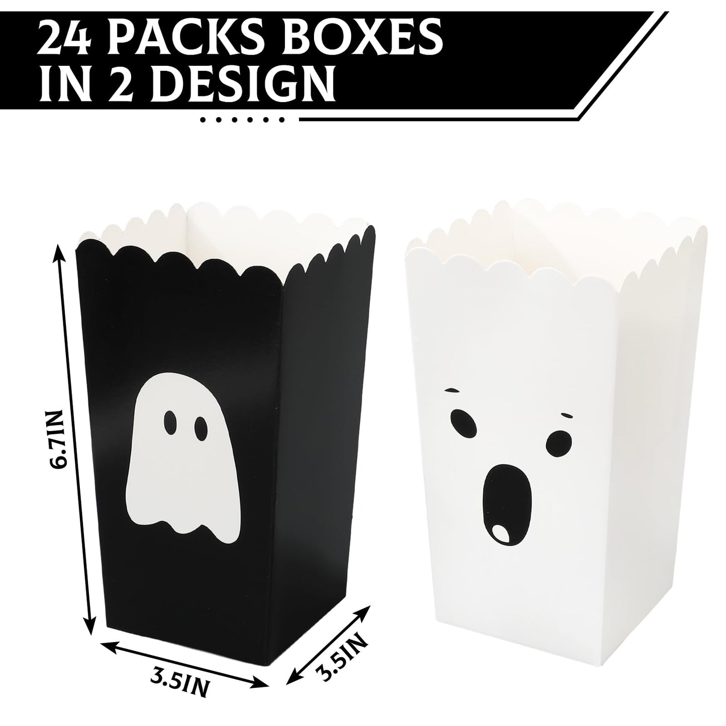 Whaline 24 Pcs Halloween Mini Popcorn Paper Boxes Cardboard Black&White Cute Ghost Popcorn Containers for Halloween Party Home Office Class Movie Night Decor