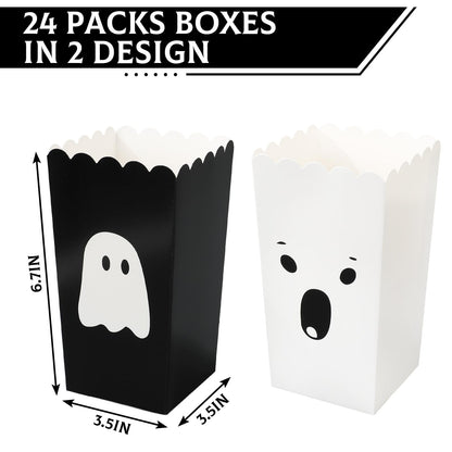 Whaline 24 Pcs Halloween Mini Popcorn Paper Boxes Cardboard Black&White Cute Ghost Popcorn Containers for Halloween Party Home Office Class Movie Night Decor