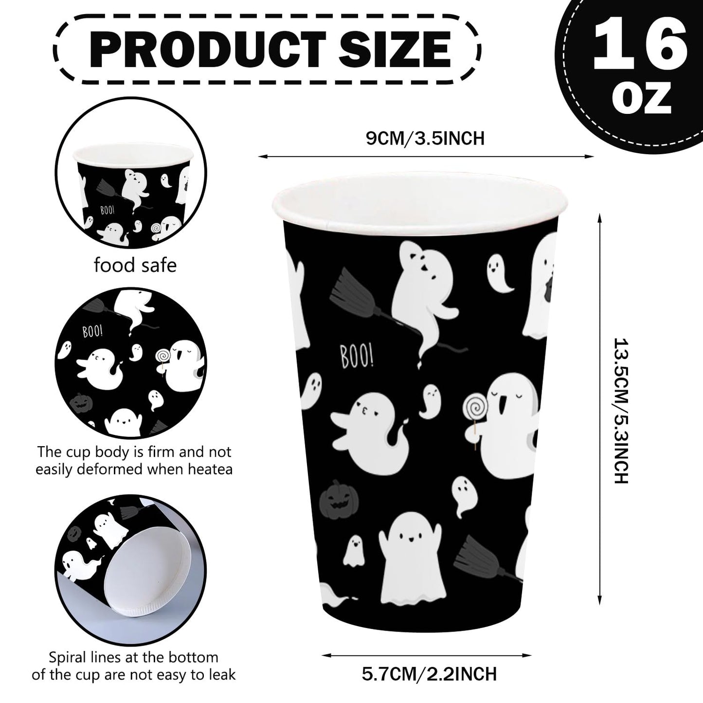 AIBIIN 50 PCS Halloween Party Paper Cups 16 oz Black White Ghost Coffee Cups Cute Halloween Disposable Cold Hot Chocolate Paper Coffee Cup Decorations Boo Ghost Table Party Supplies Decorations