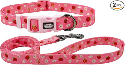 Dog Collar Leash Set, Floral Pattern, Polyester Material, Adjustable Collar and 5ft Matchcing Leash, for Small Dogs.(S, Daisy and Strawberry)