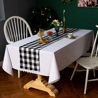 DUOBAO Black and White Checkered Table Runner 108 inches Long Halloween Tablecloth-Runners Buffalo Plaid Fabric with Tassels Gingham for Tables Outdoor Indoor Wedding Birthday Party (2pcs 14x108-Inch)