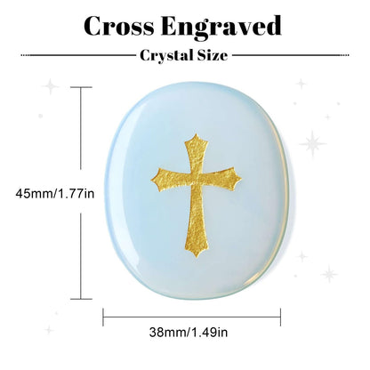 LAIDANLA Opalite Cross Engraved Healing Crystal Worry Stones for Pray Faith Anxiety Relief Oval Palm Stone Polished Natural Crystal Gifts