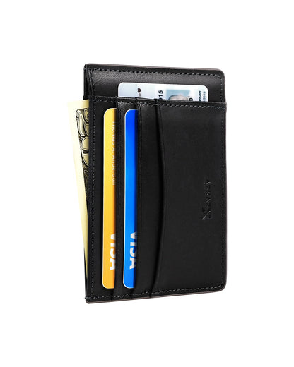 XZVXZV Men's Slim Wallet Italian Pebbled Leather Minimalist Front Pocket RFID Blocking Credit Card Holder with Gift Box Black
