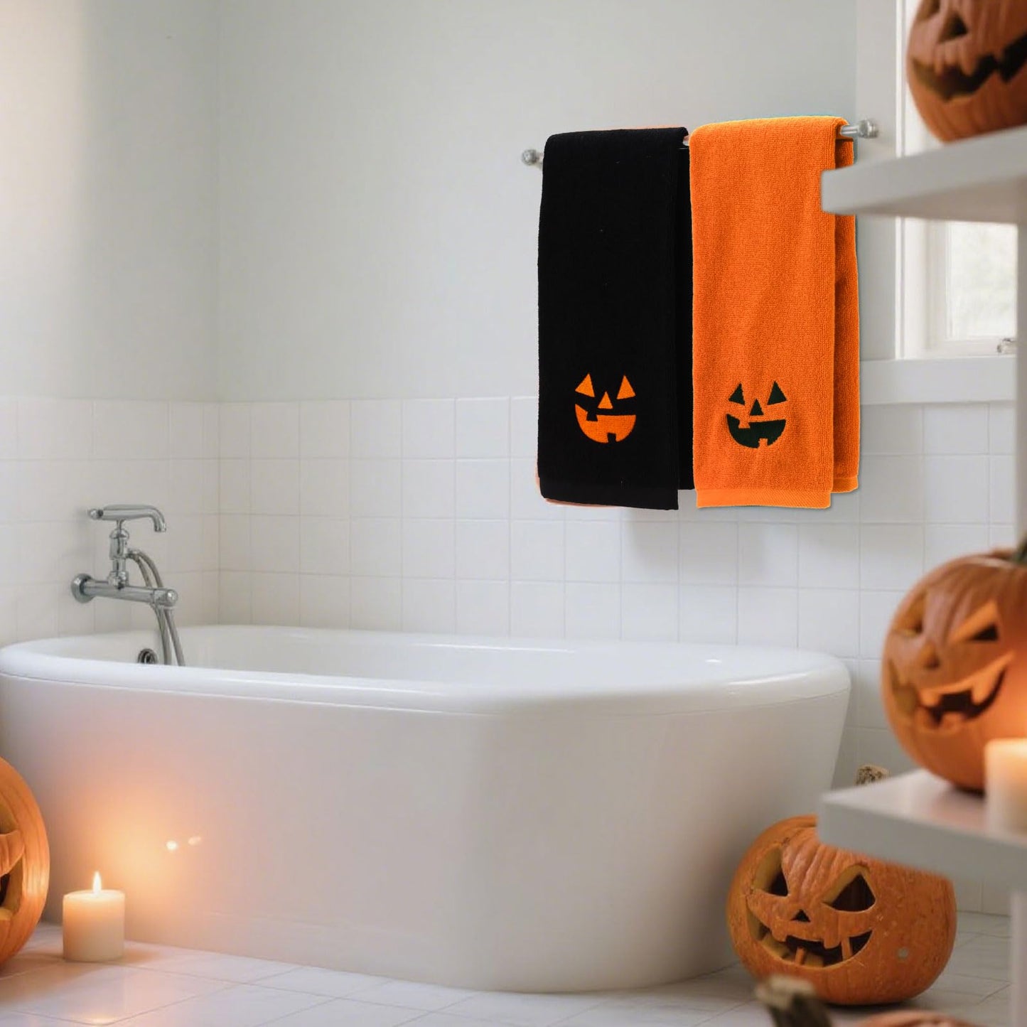 Whaline Halloween Hand Towels Pumpkin Face Embroidered Cotton Bathroom Towel Absorbent Bath Towel for Hand Drying Kitchen Cleaning Cooking, 29.5 x 13.7 Inch, 2Pcs
