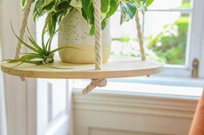 Dahey Hanging Plant Shelf Round Wood Rope Hanging Floating Shelf Boho Home Decor Display Planter Rack for Living Room Bedroom Kitchen Room,Nature