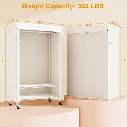 ULIFHOME P6C Rolling Clothes Rack with Cover, Covered Clothing Racks Heavy Duty, Portable Closet for Hanging Clothes, Garment Racks on Wheels, White Closet Rack with White Cover, Max Load 365LBS