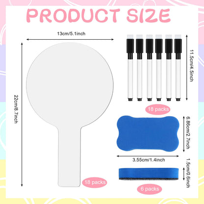 18 PCS Dry Erase Answer Paddles, Handheld Double Sided Paddles Mini White Boards with 18 Black Markers 6 Erasers, Dry Erase Signs for Classroom Teaching Office Meeting Voting Bridal Shower Games