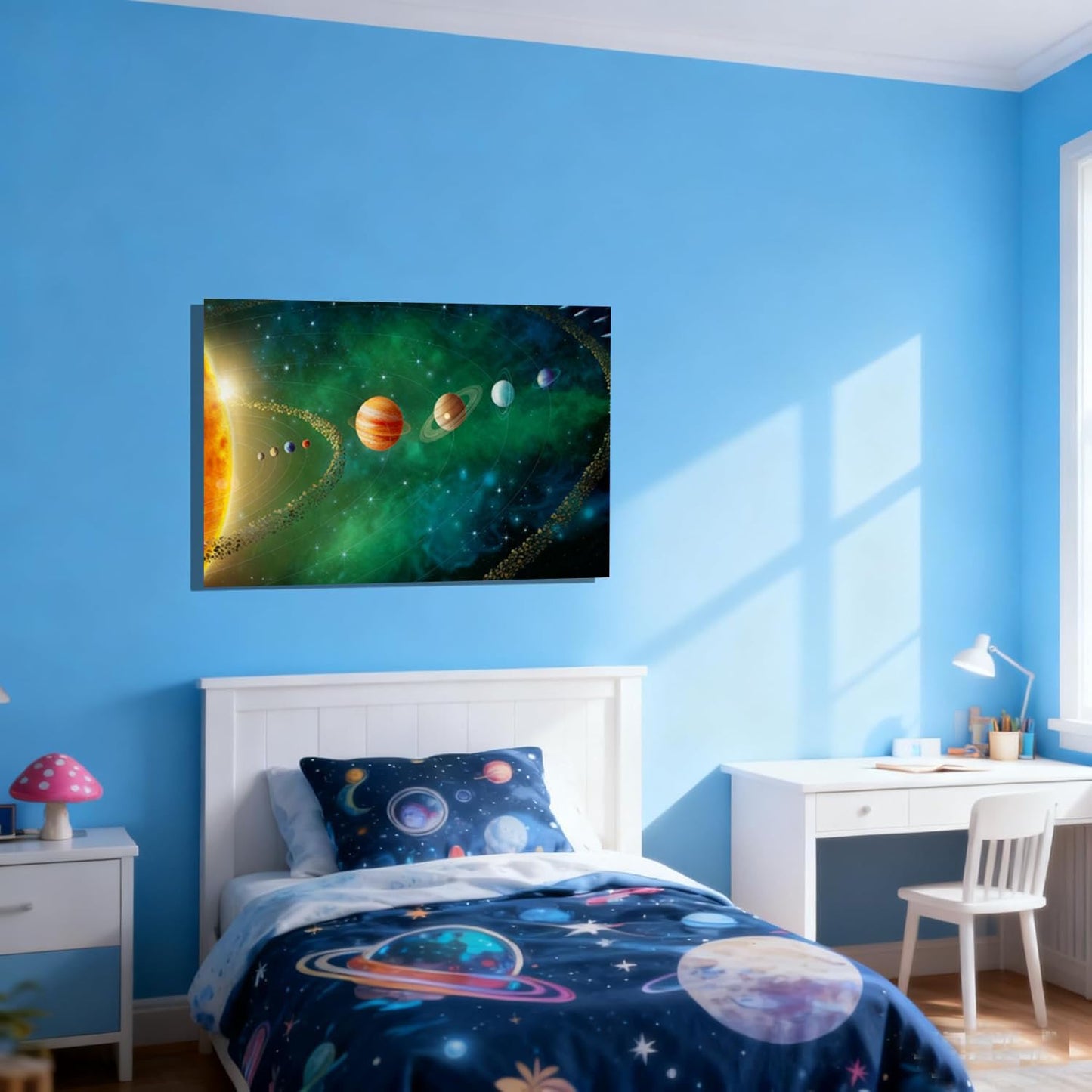 16x24 inches Framed Solar System Space Canvas Wall Art Green Galaxy Planets Astronomical Decor Kids Bedroom Cosmic Wall Pictures Teen Boy Room Universe Poster Child Office Study Room Prints