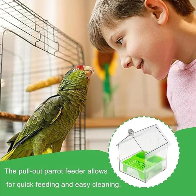 Pull-Out External Parrot Feeder, Hanging Wild Bird Seed with Squirrel Proof Tray, Acrylic Transparent Bird Bath Tub, Easy to Refill and Clean, Food Dispenser for Balcony Garden Fence (White)