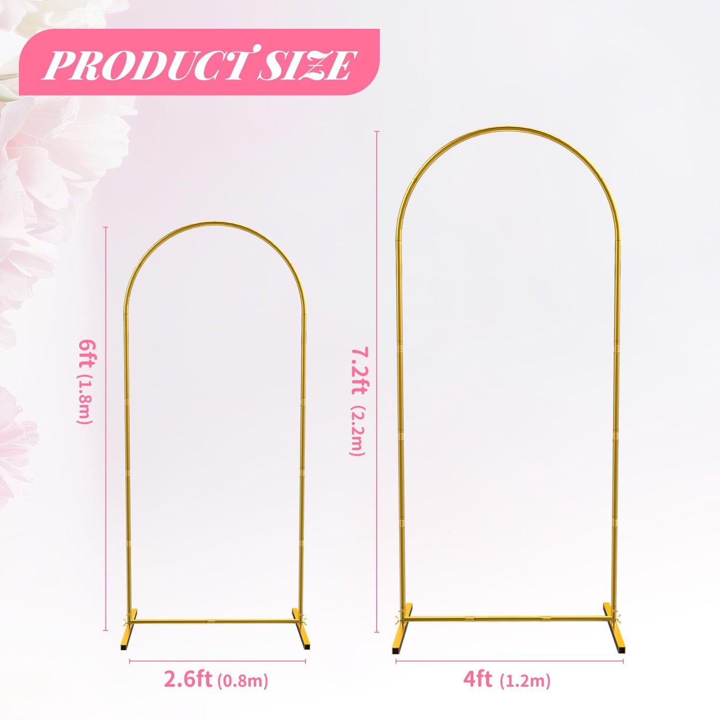 Metal Arch Backdrop Stand 7.2FT+6FT Wedding Arch Backdrop Stand Set of 2 Gold Backdrop Arch Stand Wedding Arch Frame for Wedding Ceremony Birthday Party Decoration Arbors of Metal