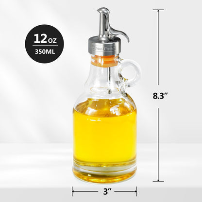 Olive Oil Dispenser Bottle,Glass Oil Dispenser with Stainless Steel Spouts,Oil Bottles for Kitchen, Oil Dispenser Bottle with Drip Free Spouts (2pcs) 12 oz