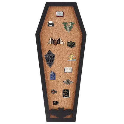 BENECREAT Coffin Bat Pin Board Cork Board, 11.2x4.7inch Bulletin Display Board Wall Mounted Cork Board with Black Frame for Brooch Pin Display, Home School Halloween Decor