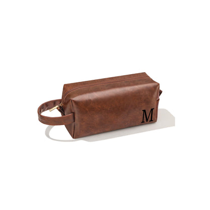 JSENGIFT Mens Toiletry Travel Bag Initial M, Personalized Leather Toiletry Bag for Men, Anniversary Christmas Valentines Fathers Day Birthday Gifts for Husband Dad Grandpa Brother