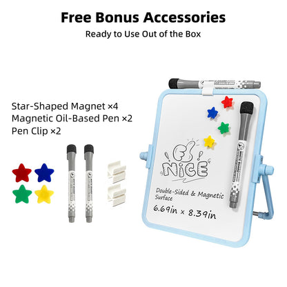 FUNISKETCH Colorful Dry Erase White Board 6.7x8.4in, Magnetic Desktop Board with Stand, 2 Markers (Eraser Head), 4 Magnets - Double-Sided Easel for Daily Planning, Memo, Office/Home/School (Blue)