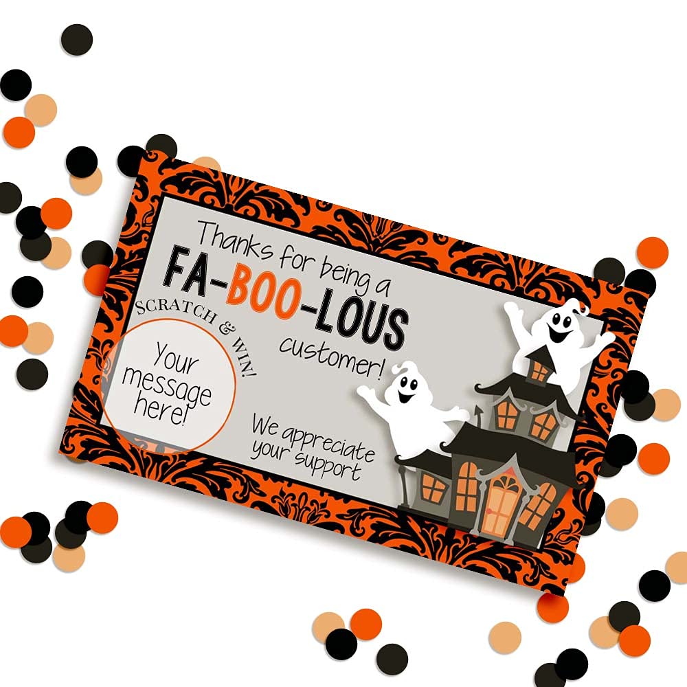 Amanda Creation Funny Fabulous Customer Halloween Ghost Scratch & Win Customer Appreciation Package Inserts for Small Businesses, 20 2" X 3.5” Single Sided Insert Cards with Scratch Off Stickers