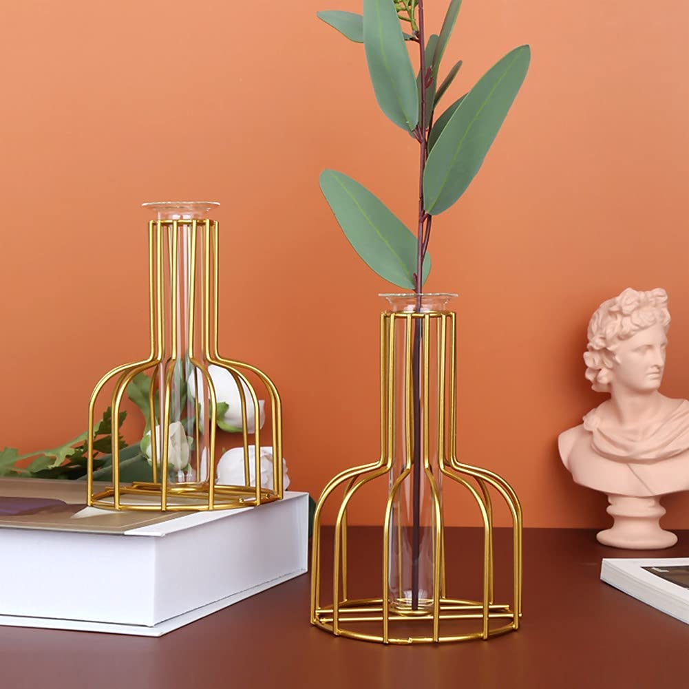 Ivymei 2 Pack Table Flower Vase,Gold Geometric Metal Frame Clear Glass Tube Bud Vase Hydroponic Plants,Gold Vase Decorative for Flower,Weddings,Centerpiece,Party,Home(Gold 8)