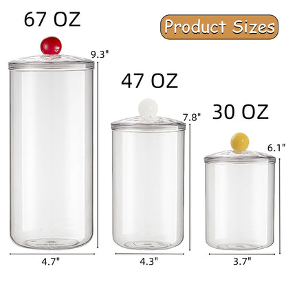 FISDEN Set of 3 Acrylic Apothecary Jars, Airtight Candy Cookie Canister with Lids, Bathroom Vanity Organizer for Cereal, Spice, Snack, Food Storage, Bath Salt, 30oz, 47oz, 67oz
