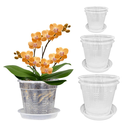 Orchid Pot with Saucers, 2 Each of 4.3",5.5",6.1" Orchid Pots with Holes, 6Pcs Clear Plastic Planter for Indoor Outdoor Plants (2 Each of 4.3,5.5",6.1" with Saucers)