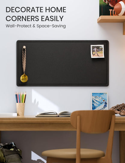 Fluxynara Bulletin Board, 35" x 17.5" Cork Board Alternative with 12 Safe Removable Adhesive Tabs, Foldable Felt Pin Board for Home Office, Classroom, Bedroom,Entryway for Walls—Black