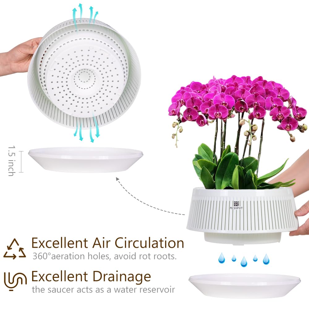 Meshpot 8 inch Orchid Pots with Holes for Repotting,Set of 1,Decorative African Violet Pots with Air-Pruning and Good Air Circulation,Plastic White Orchid Planter with Saucers