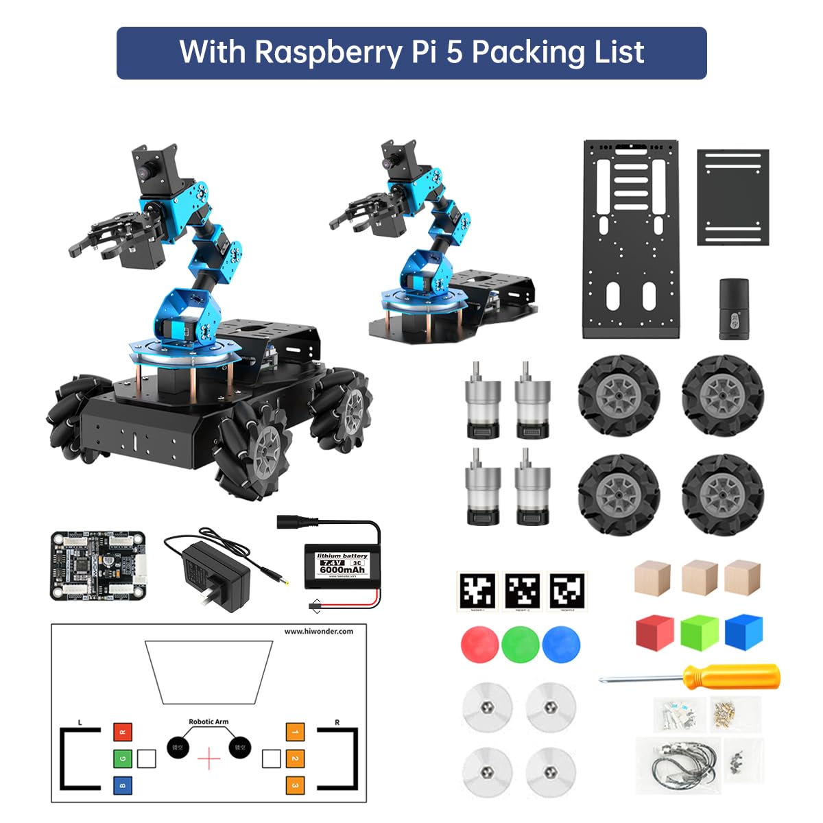 HIWONDER 6DOF Robot Arm for Raspberry Pi 5 AI Vision Robotic Arm Car with 4WD Mecanum Wheel Chassis DIY Robot ROS Open Source for Adults and Teens, ArmPi Pro RaspberryPi5 4GB