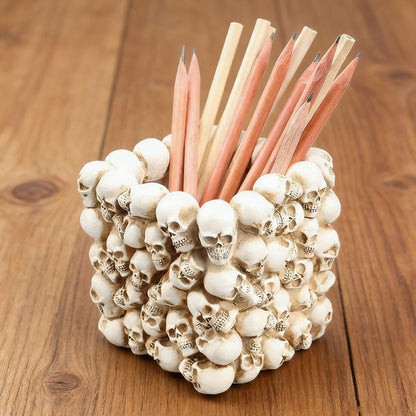 RURAUOGR Skull Pen Pencil Holder Makeup Brush Holder Toothbrush Holder Flower Pot Key Storage Resin Skeleton Home Office Halloween Decor (Beige)