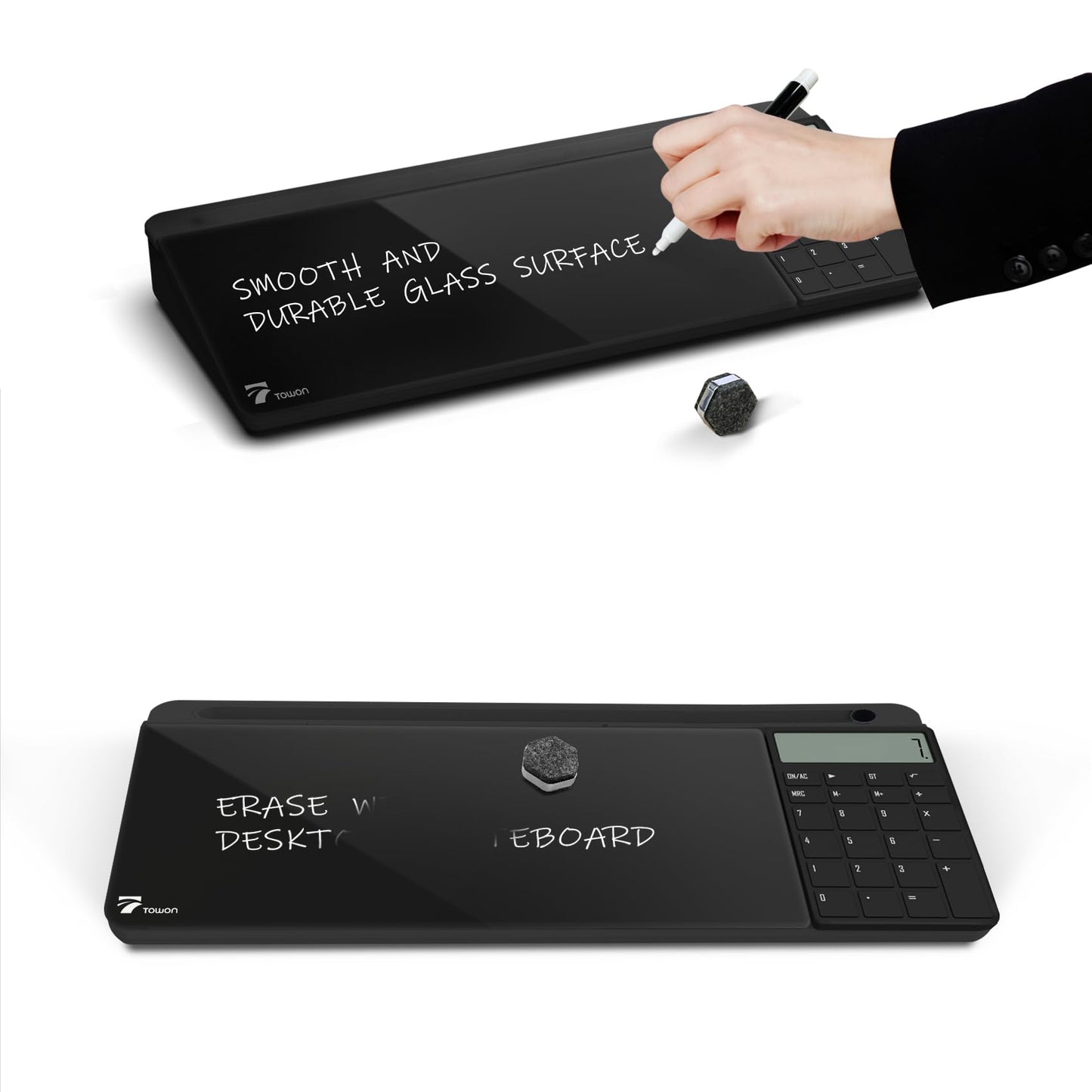 TOWON Desktop Glass Whiteboard with Basic Calculator, 12 Digit LCD Display, Desk Organizers with Accessories for Office, Home, School Supplies, Storage with Dry Erase Board Surface, Black, 17'' x 6''