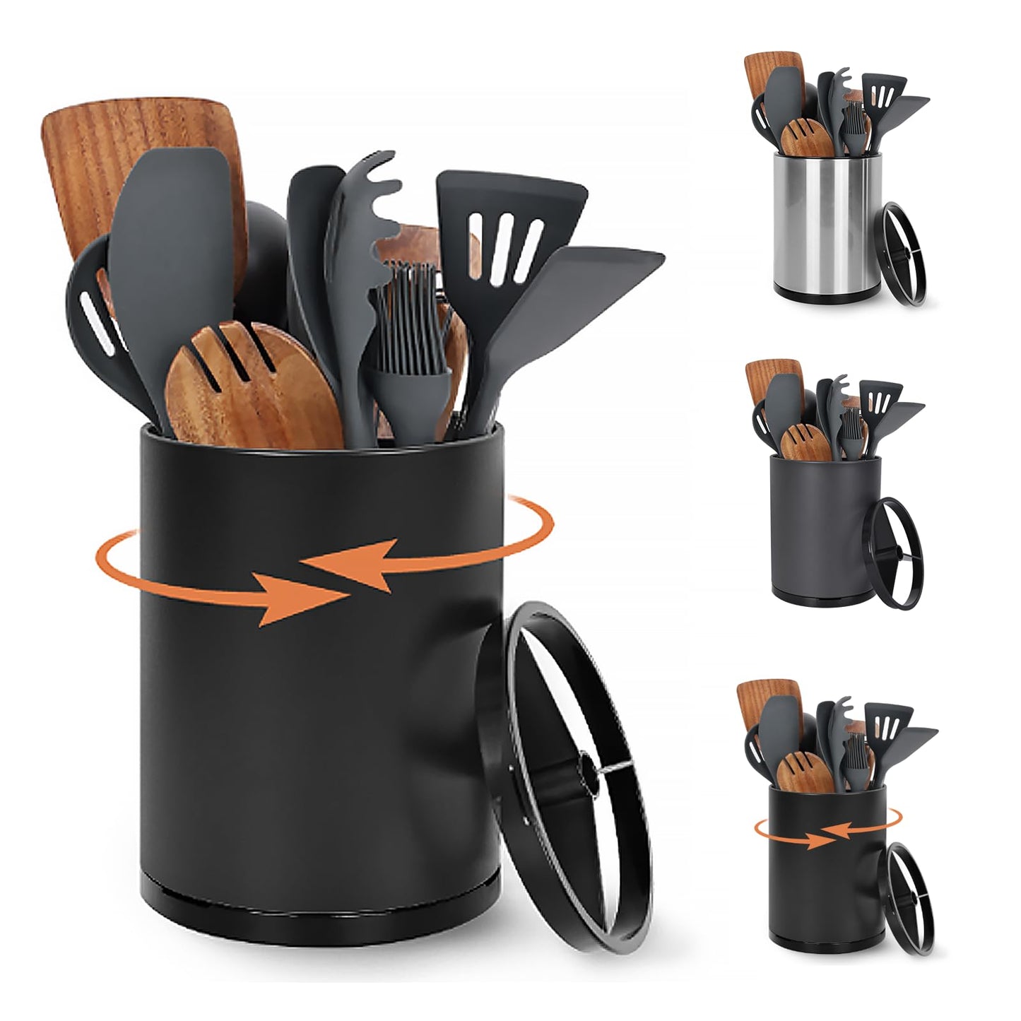 Nigelia Extra Large Kitchen Utensil Holder, 360° Rotating Stainless Steel Cooking Utensil Holder for Countertop, 3 Compartment Flatware Organizer & Cooking Caddy with Removable Base（Black）