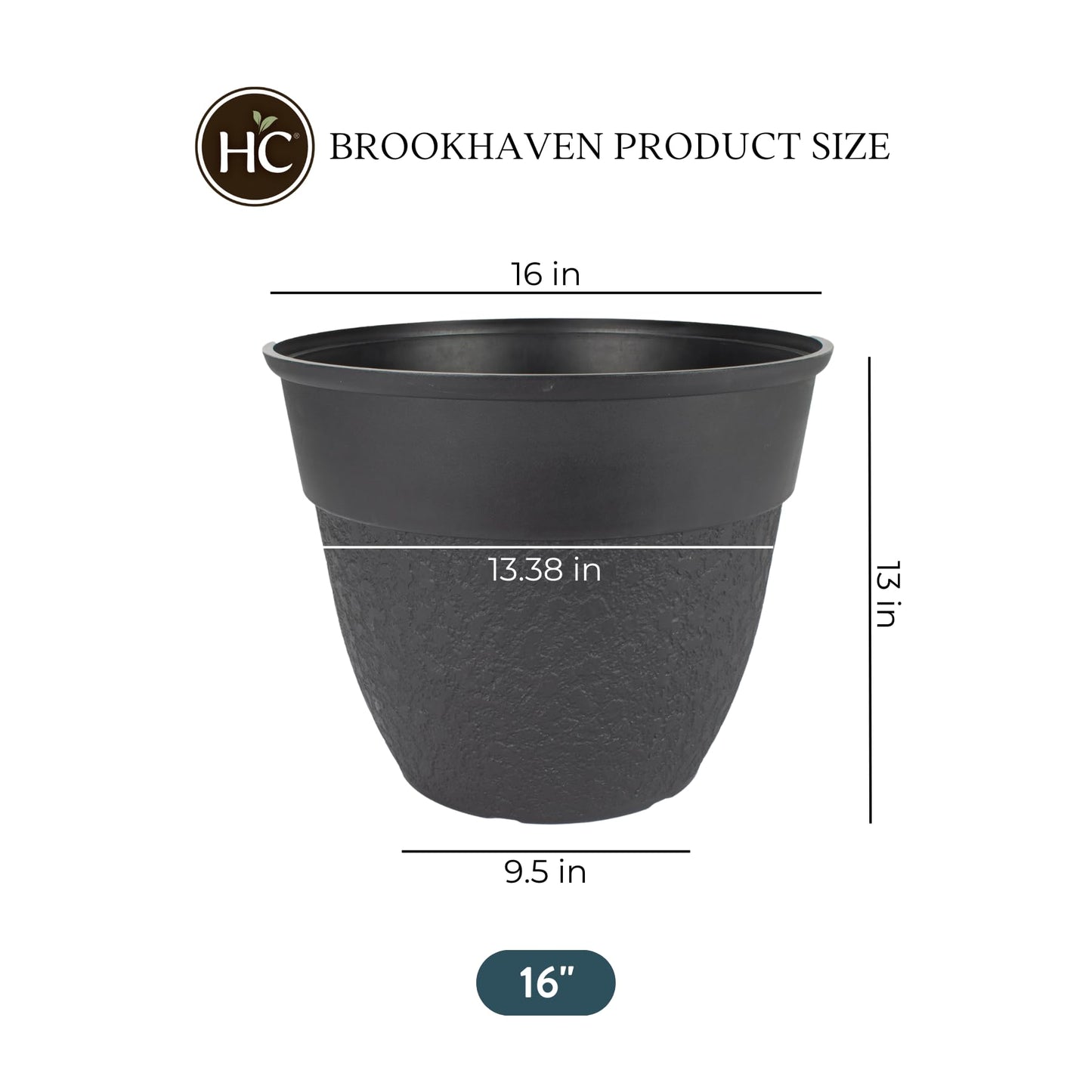 The HC Companies Brookhaven Decorative Round Planter - Lightweight Premium Resin Plant Pot with a Stonelike Texture for Indoor Outdoor Use (16 Inch Black, Pack of 2)