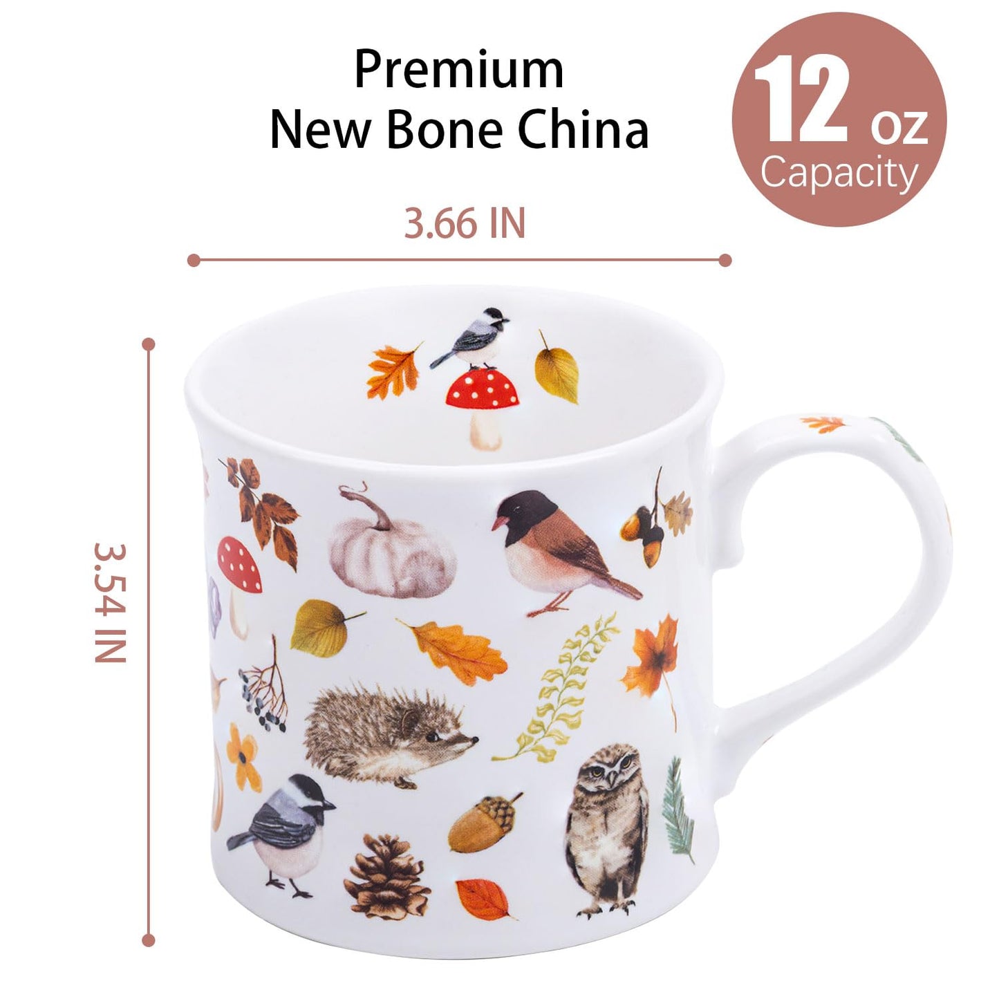 Autumn Animals Coffee Mug, 12 oz New Bone China Mug with Bird, Hedgehog, Owl & Pumpkin Design, Halloween & Fall Seasonal Ceramic Tea Mug, Nature Lover Gift, Designed in England by Harvest Green Studio