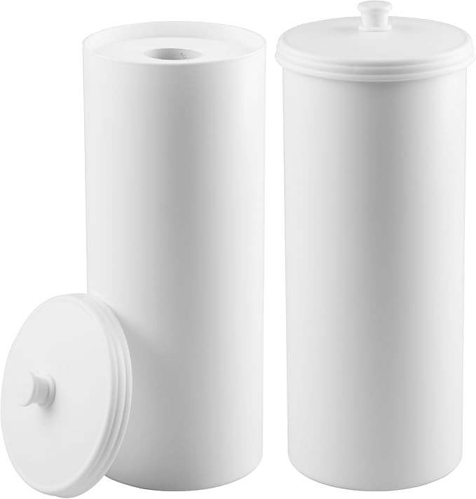 iDesign Freestanding Bathroom Toilet Paper Storage Holder, 2-Pack, White | With Lid, Holds 3 Extra Rolls