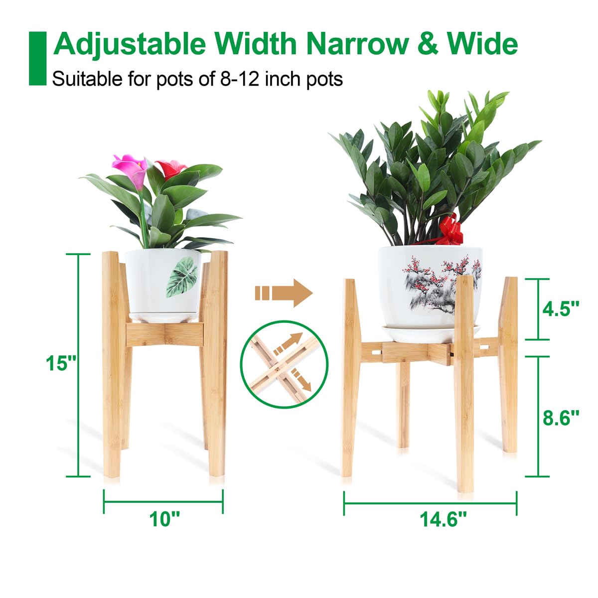 OERGKE Adjustable Plant Stand Indoor, Bamboo Mid Century Modern Plants Stands, Corner Flower Holder for Living Room, Fits 8 to 12 Inches Pots, (Pot & Plant Not Included)(Nature, 1 Pack)