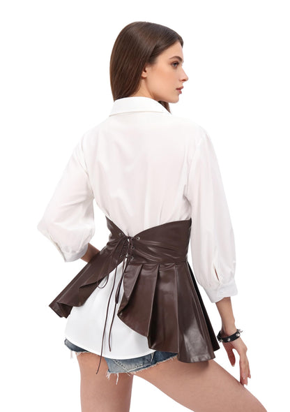 DAZCOS Gothic Retro Faux Leather Waist with Ruffle Adjustable Corset for Lolita Dark Style Dresses (US, Alpha, Large, Regular, Regular, Brown)