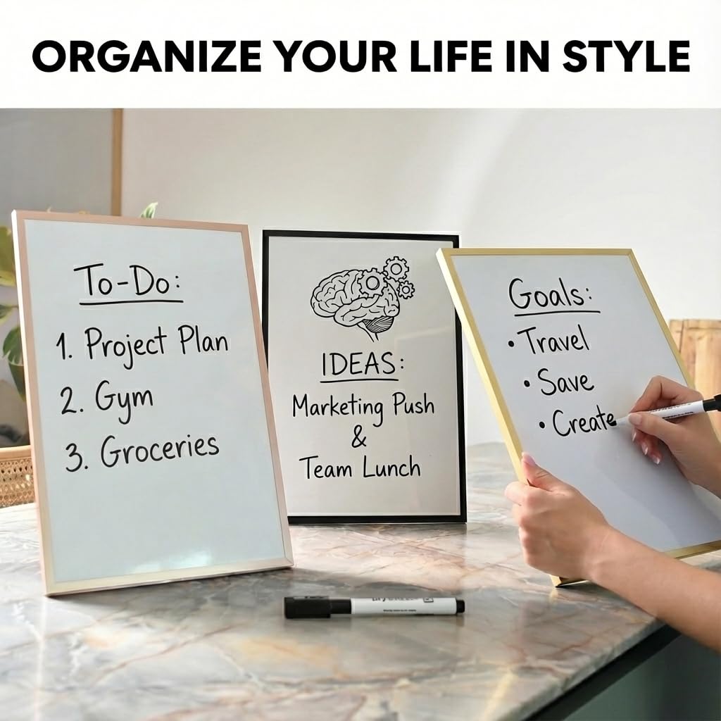 Lulu Office Magnetic Dry Erase Board 12x16 with Foldable Stand, Portable Rose Gold Desktop Whiteboard for Home, Office, School & Kitchen, Includes Weekly & Monthly Magnetic Planner Sheets