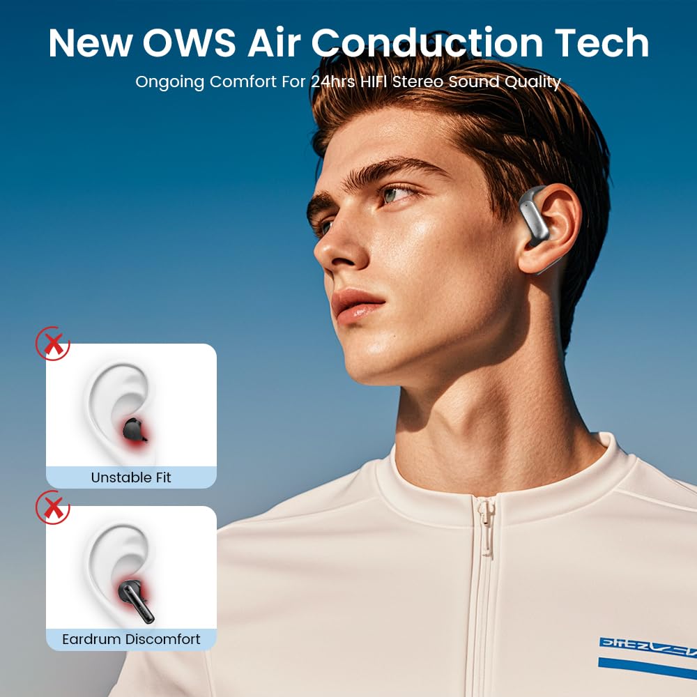Piluyaa Open Ear Earbuds Bluetooth AI Ear Buds 60Hrs Playtime Wireless Over Headphones with Earhooks IPX7 Waterproof Touch Control Air Conduction Sport Headsets Earphones for Workout Running Black