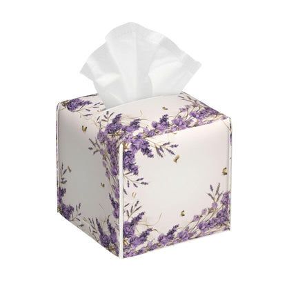 YPPAHHHH Square Tissue Box Cover Vintage Purple Lavender Cube Tissue Box Cover Pu Leather Tissue Box Holder for Office Kitchen Car Bathroom Facial Paper Organizer Dispenser Cover