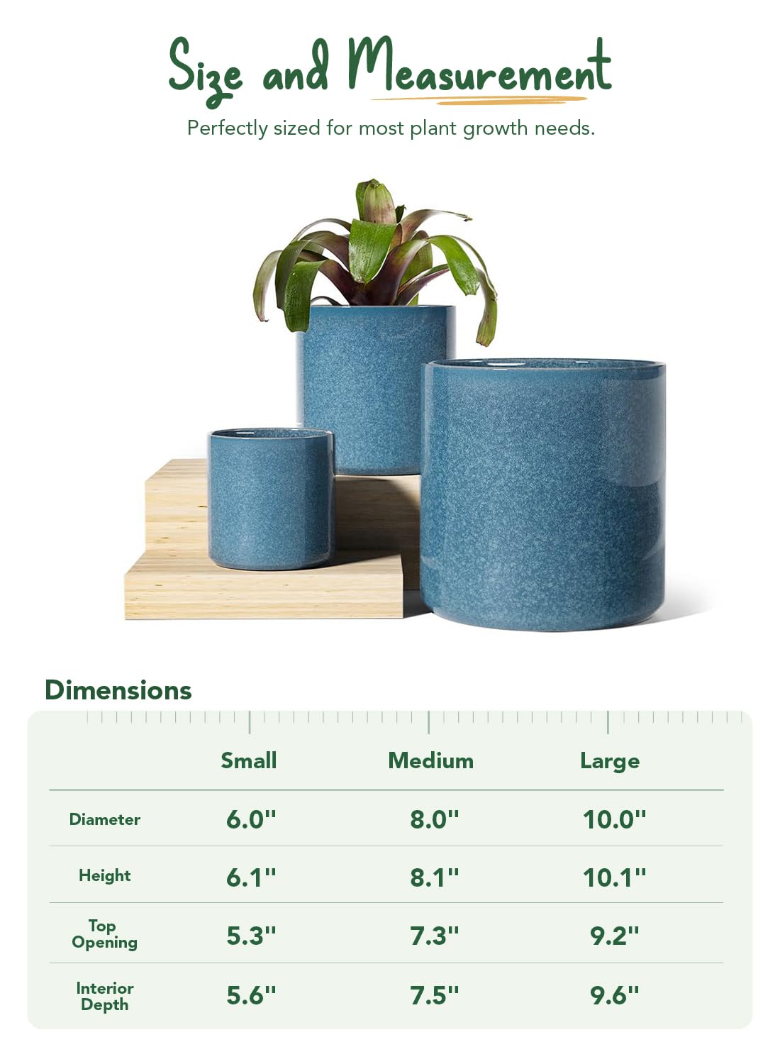 LE TAUCI Ceramic Pots for Plants, 10/8/6 Inch Indoor Planters with Draiange Hole, Silicone Plug & Mesh Pad, Modern Minimalist Pots for Home Office, Set of 3, Glossy, Harbor Blue