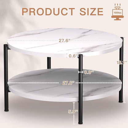 FAMIDGE Round Coffee Table, 27.6" Circle Coffee Table for Living Room, 2-Tier Wood Accent Center Table with Open Storage Industrial Design Home Furniture, White