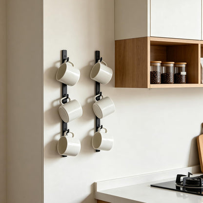 Yohsnor Coffee Mug Rack Set of 2 - Stylish Black Iron Coffee Cup Holder with 6 Hooks, Mounted Shelf for Kitchen & Office, Space-Saving, Easy to Install, Durable & Sturdy Hanger Racks