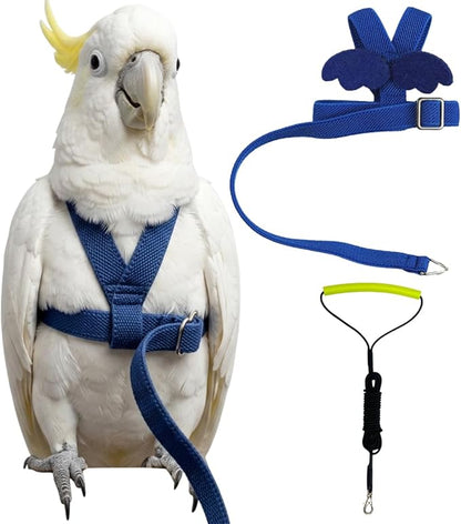 Adjustable Bird Harness with Elastic Leash, Pet Parrot Harness and Leash, Adjustable Training Design Anti-Bite, Bird Nylon Rope with Cute Wing for Conure (Deep Blue,Sulphur-Crested Cockatoo)