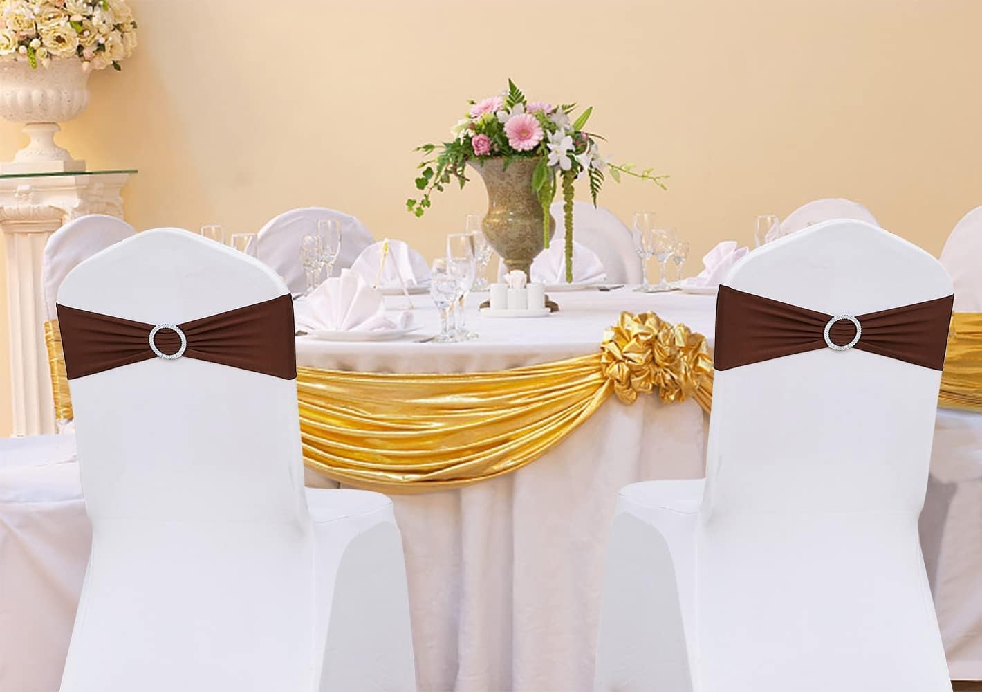 Tvoip 10PCS Chair Cover Stretch Band with Buckle Slider Sashes Bow Wedding Banquet Chair Decoration (Dark Brown)