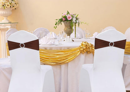 Tvoip 10PCS Chair Cover Stretch Band with Buckle Slider Sashes Bow Wedding Banquet Chair Decoration (Dark Brown)